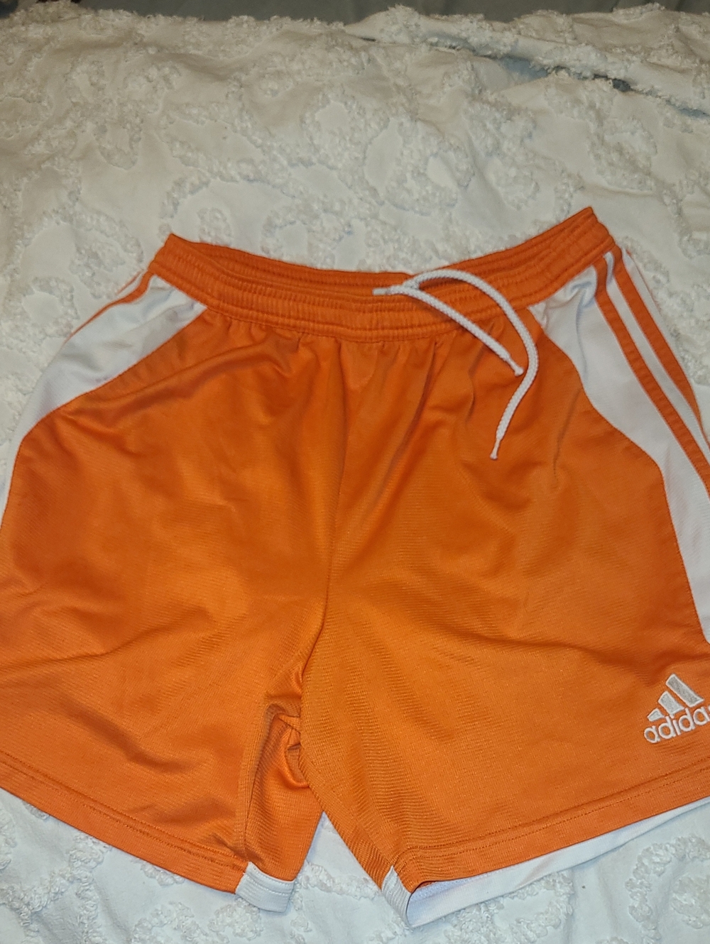 Y2k adidas Men’s Bright Orange Athletic Shorts with White Stripes Size L